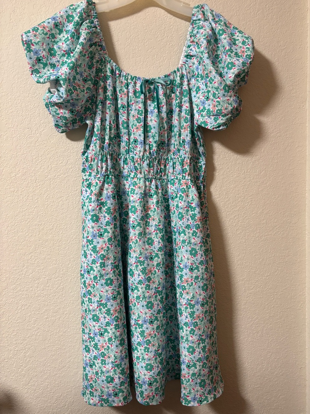 Easel Floral Puff-Sleeve Mini Dress Mint Green Fun Flirty Feminine Cinch Waist